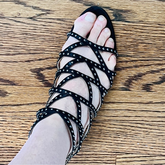 Miu Miu Black Leather Studded Gladiator Flat Sandals - Picture 7 of 12